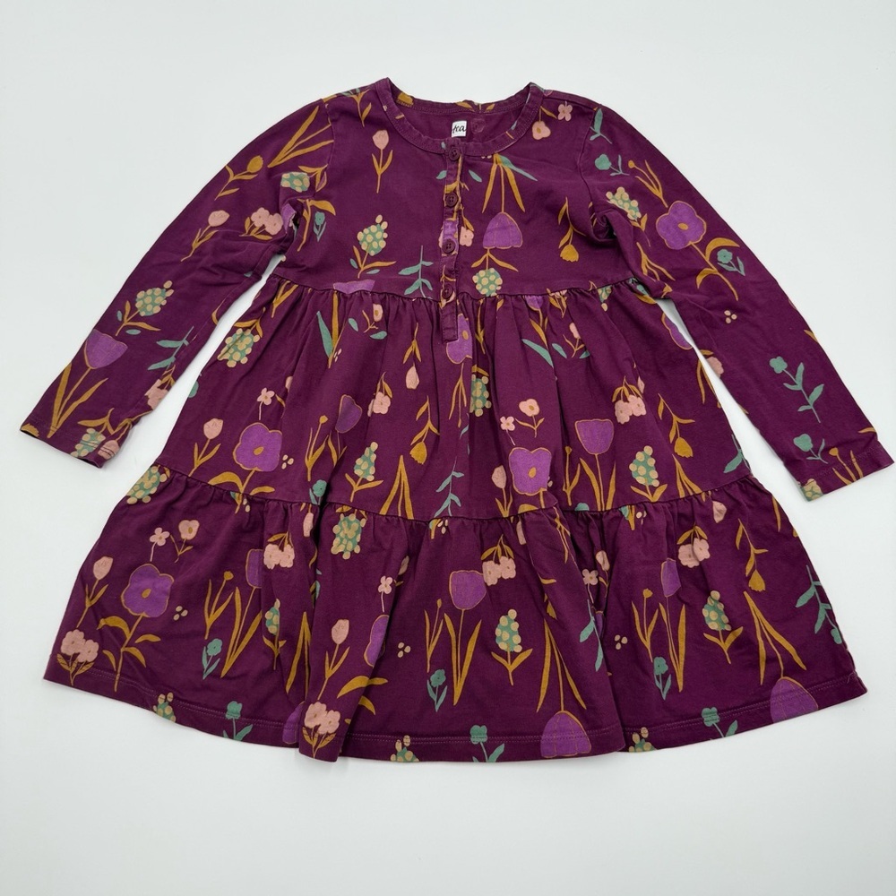 Tea Collection Girls Tiered Henley Dress 5 Purple Floral 100% Cotton EUC - Picture 1 of 8